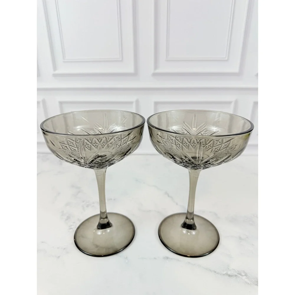 PAIR (2) Pasabahce Timeless Vintage Smoke Gray Crystal Coupe Glasses RARE